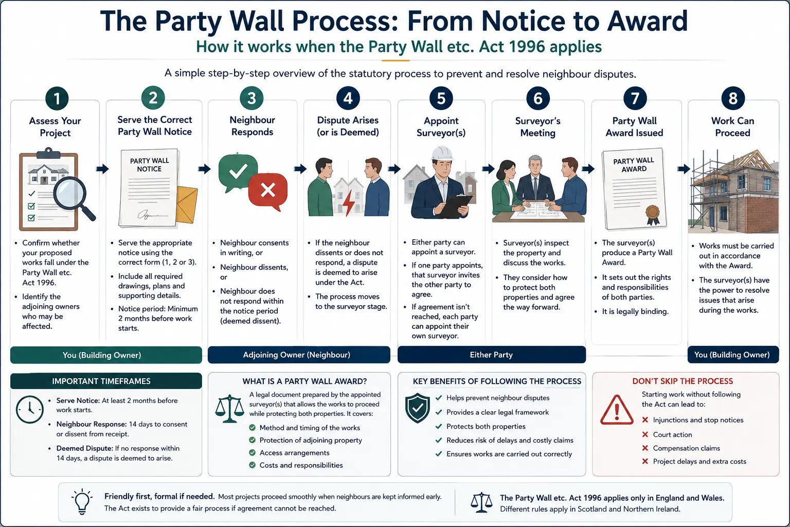Do I Need a Party Wall Agreement? An infographic showing the party wall process from notice to award in a very interactive way for the citizens living in Newbury, UK