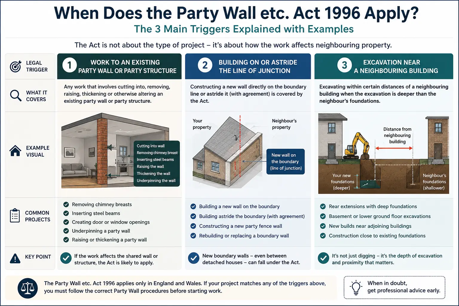 Do I Need a Party Wall Agreement? An infographic showing when does the party wall etc act 1996 apply like excavation, junction, painting, in Newbury, UK